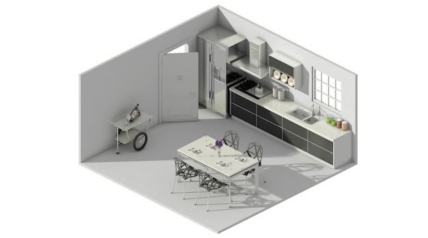 3d rendering of simple layout concept dining table joins the kitchen