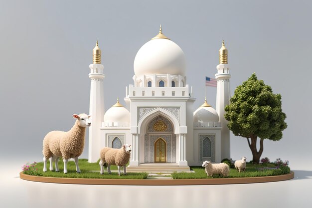 3D rendering of a simple miniature mini mosque and 3d cute sheep