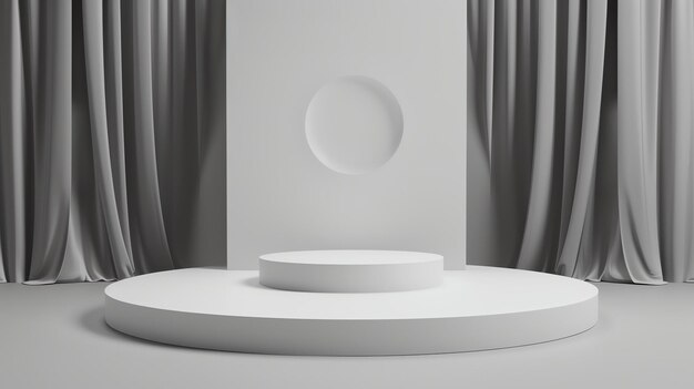 3D rendering of a simple stage with a spotlight The stage is made of white and grey and has a circular platform with a step