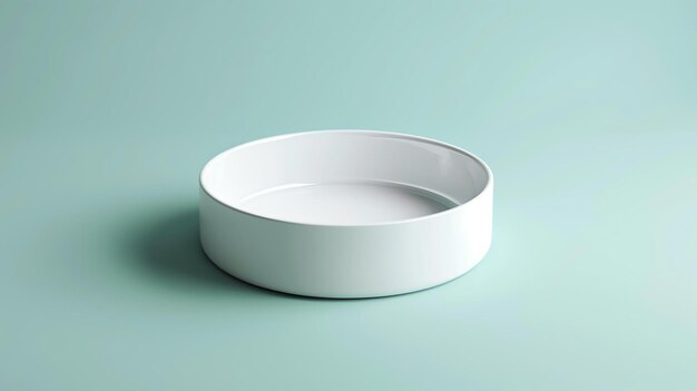 3D rendering of a simple white bowl on a pastel blue background The bowl is slightly angled and centered in the frame