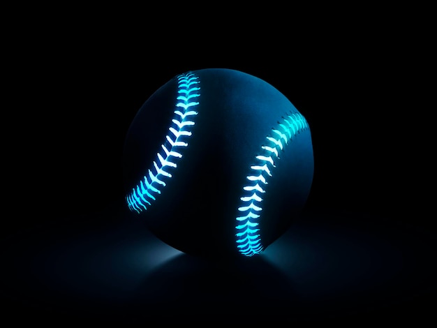 3D rendering of single black baseball ball with bright blue glowing neon lines