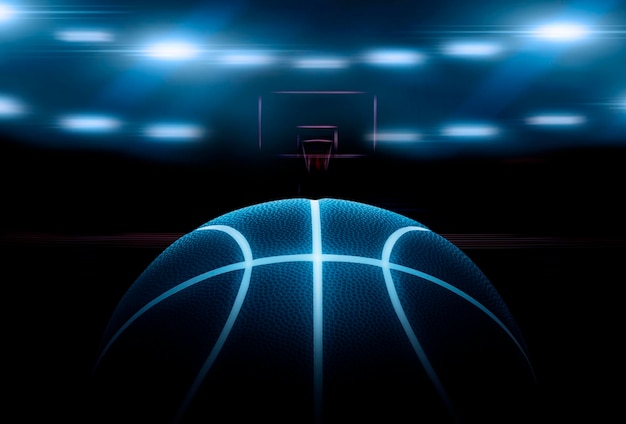 Photo 3d rendering of single black basketball with bright blue glowing neon lines in under illuminated floodlights 3d render