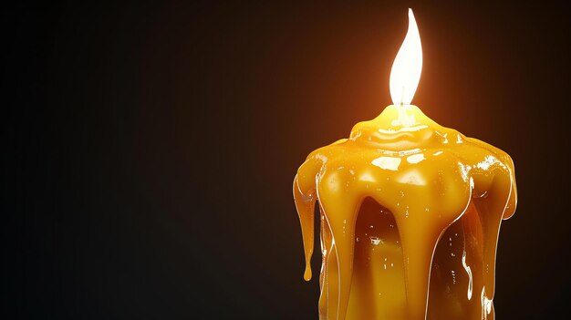 3D rendering of a single burning candle with melted wax on a dark background The candle is in focus and the background is out of focus