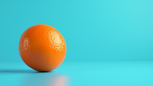 3D rendering of a single orange on a blue background The orange is photorealistic and has a slightly bumpy texture