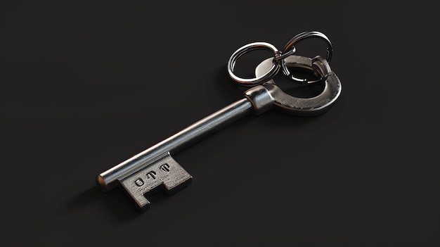 Photo 3d rendering of a single silver colored metal key with a key ring the key is lying flat on a black surface
