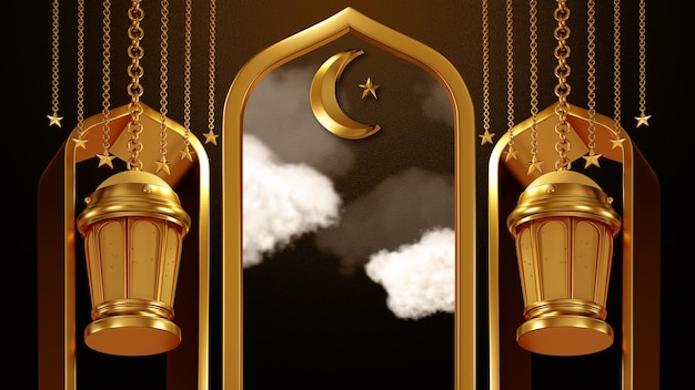 3D-rendering Sjabloonontwerp Ramadan Kareem Lantaarns lampen goud kleur religie Islamitisch