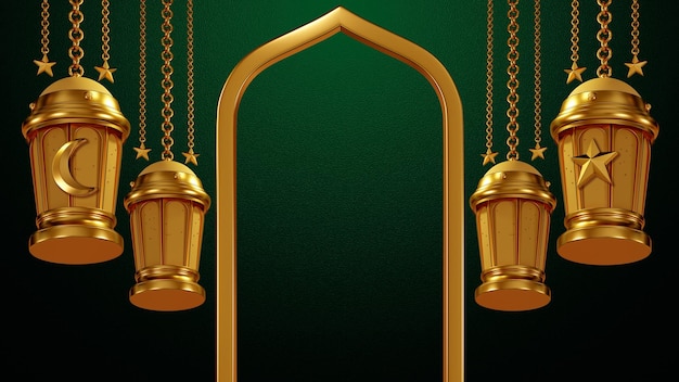 3D-rendering Sjabloonontwerp Ramadan Kareem Lantaarns lampen goud kleur religie Islamitisch