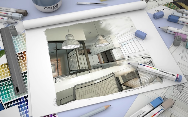 Foto rendering 3d di un taccuino con interni di cucina moderna, campioni di colore e pennarelli