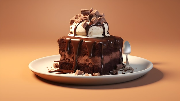 A 3D rendering of a slice of gooey chocolate fudge cake with a scoop of vanilla ice cream