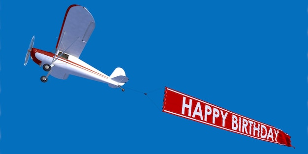 3D rendering of a small aircraft carrying a banner with happy birthday