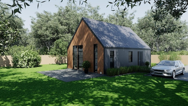 3d rendering of a small barn-style house. Modern house with retractable roof.