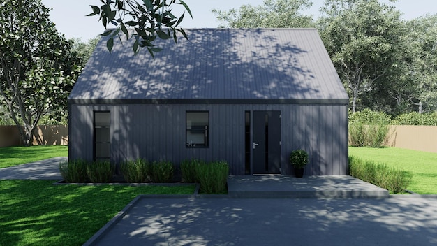 3d rendering of a small barn-style house. modern house with retractable roof