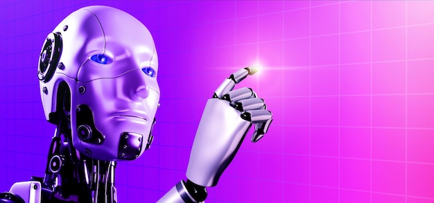 Фото 3d-рендеринг умного робота на фоне цифровой сети с копировальным пространством ай-человек-киборг, указывающий пальцем на экран бизнес и технологии с концепциями искусственного интеллекта