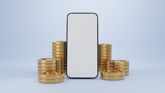 3D rendering.Smartphone and Coins and Investment Business Ideas