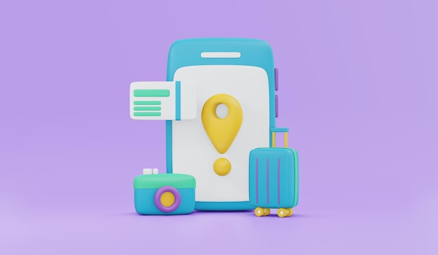 3D Rendering of smartphone luggage location symbol ticket camera icon concept of application for travel vacation on background 3D Render illustration cartoon style