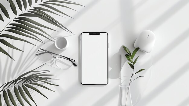 3D-рендеринг макета смартфона с пустым экраном, пара очки, чашка кофе, растение и мышь на белом столе.