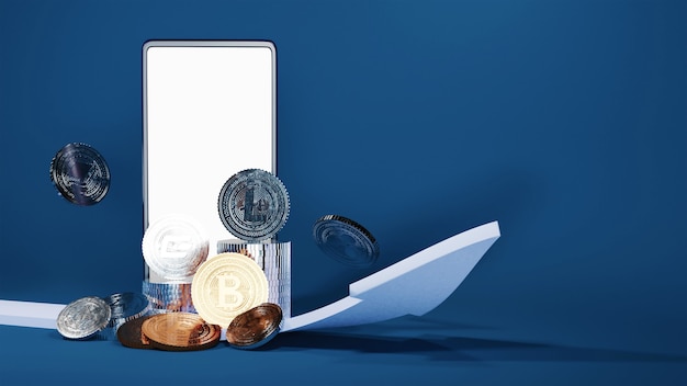 3d rendering smartphone with silver, bronze crypto coins and growing arrow on blue background.