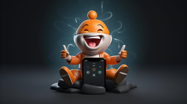 A 3D rendering of a smiling character in a cross legged pose