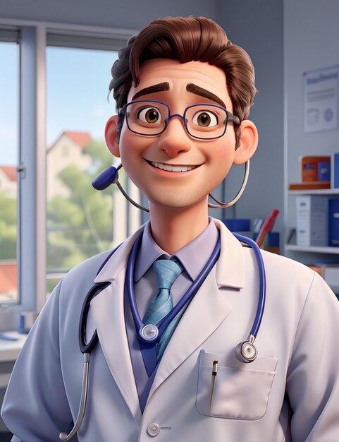 3d rendering of a smiling doctor with stethoscope in neck in hospital