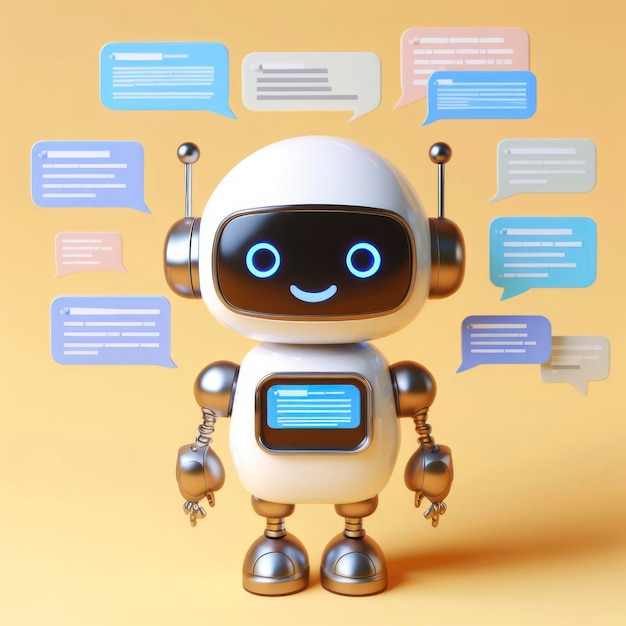 3d rendering Smiling robot with mock up texts bubbles and messages ai generative