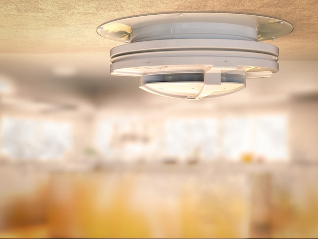 Photo 3d rendering smoke detector on ceiling with smoke in kitchen