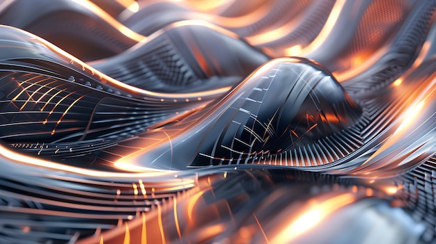3D rendering of a smooth metal surface with a glowing orange light reflecting on it