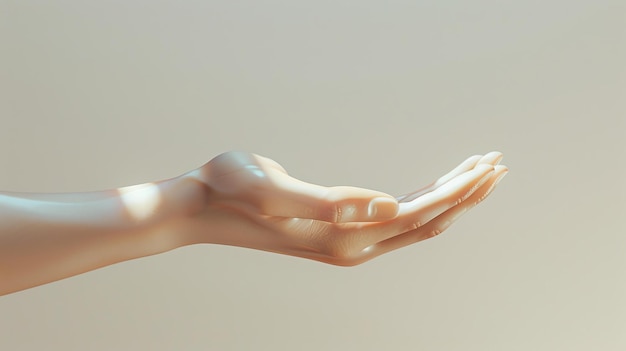 손바닥이 위로 향하는 부드러운 현실적인 손의 3D 렌더링 손은 부드러운 빛에 의해 조명되며 약간의 빛을 가지고 있습니다.