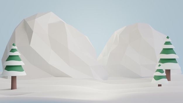 3d rendering snow mountain and christmas trees on blue background