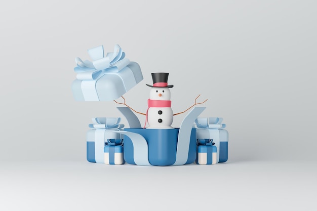 Photo 3d rendering snowman in gift box on light pink background