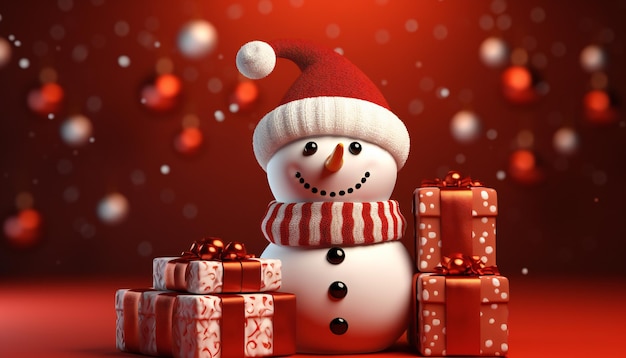 Photo 3d rendering of a snowman and gift boxes on red background