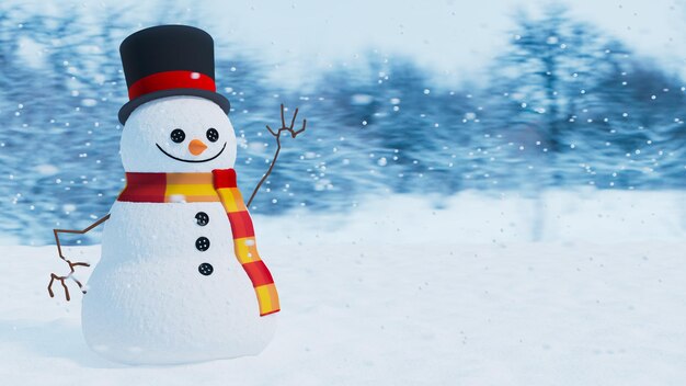 3d rendering of a snowman wearing a hat and scarf in the forest christmas theme