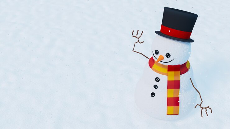Photo 3d rendering of a snowman wearing hat and scarf in snowy area christmas theme