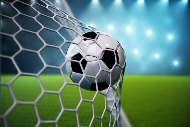 3d rendering soccer ball in goal. Soccer ball in net with spotlight and stadium light background, Success concept. Soccer ball on blue background with grass.