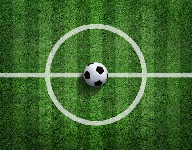 3d rendering of soccer ball with line on soccer field.