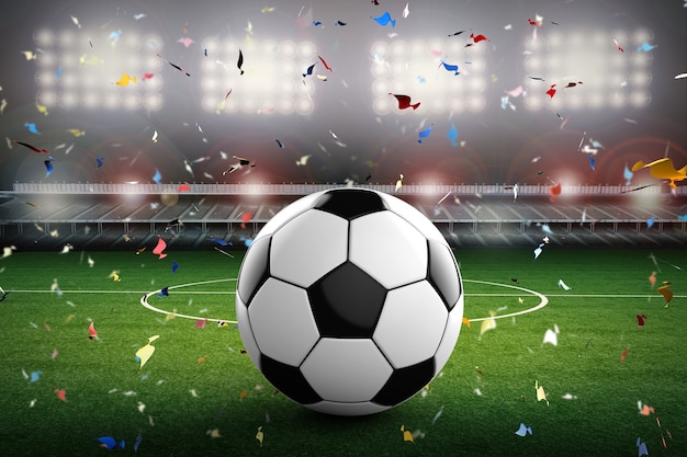 3d rendering soccer ball with soccer stadium and confetti background