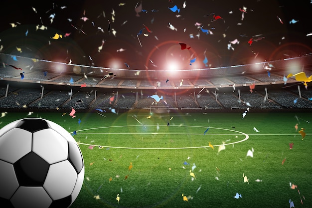 3d-рендеринг футбольного мяча с футбольным стадионом и фоном конфетти