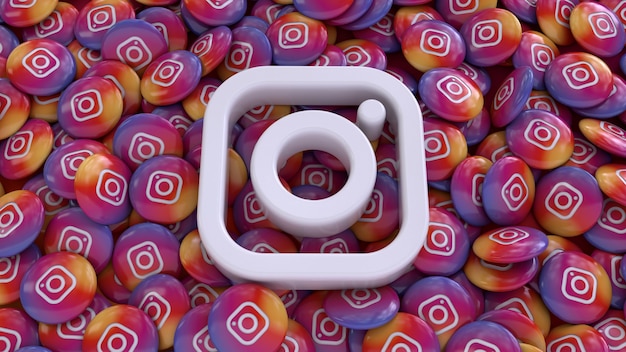 Photo 3d rendering of social media logo over a lots of instagram glossy pills