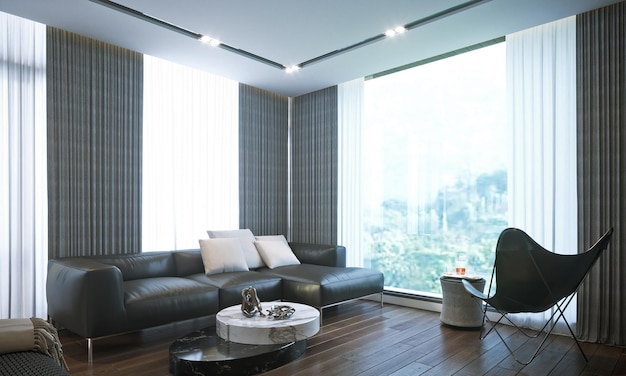 3d rendering sofa and a big window in a luxury apartment