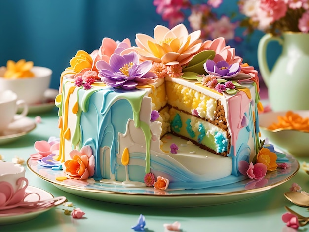 3d rendering of soft colorful cake melting generated by AI