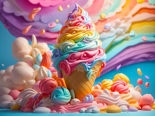 3d rendering of soft colorful ice cream melting generated by AI