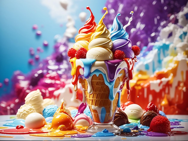 3d rendering of soft colorful ice cream melting generated by AI