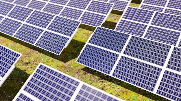 3d rendering of solar panel farm recharging energy at noon sustainability theme