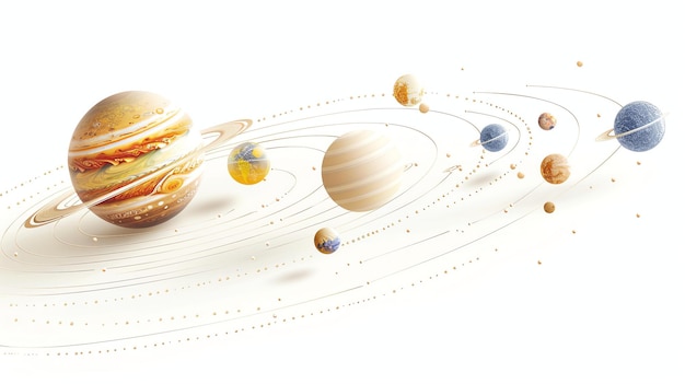 3D rendering of the solar system with a white background The planets are arranged in a circle around the sun