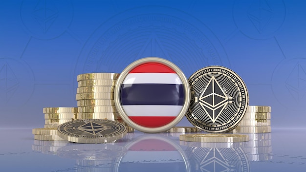 3d rendering of some Ethereum coins surrounding a badge with the Thai flag