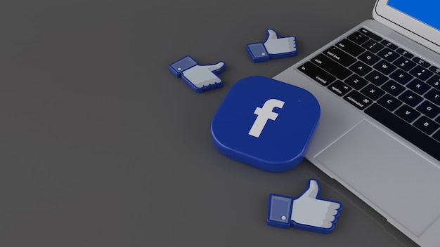 Foto rendering 3d di alcune icone mi piace e un badge quadrato di facebook su laptop su sfondo grigio