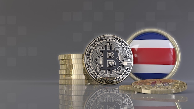 3d rendering of some metallic Bitcoins in front of an badge with the Costa Rican flag