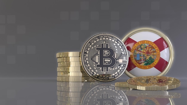 Foto rendering 3d di alcuni bitcoin metallici davanti a un badge con la bandiera dello stato della florida usa