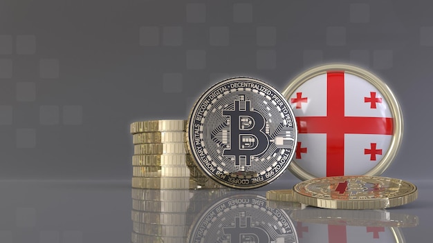 Photo 3d rendering of some metallic bitcoins in front of an badge with the georgian flag