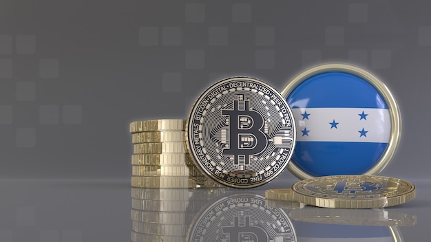 3d rendering of some metallic Bitcoins in front of an badge with the Honduran flag