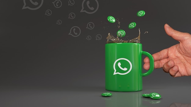 이 소셜 네트워크의 로고가 있는 녹색 머그에 떨어지는 일부 Whatsapp 알약의 3D 렌더링